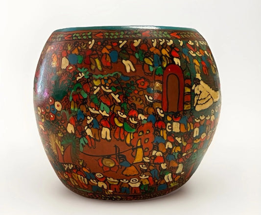 VTG Signed Mexico Folk Art Pottery Planter Story Circle of Life Sculpture Mural