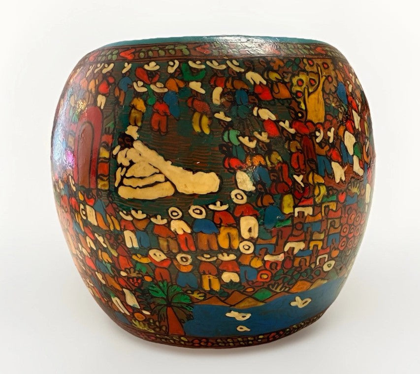 VTG Signed Mexico Folk Art Pottery Planter Story Circle of Life Sculpture Mural