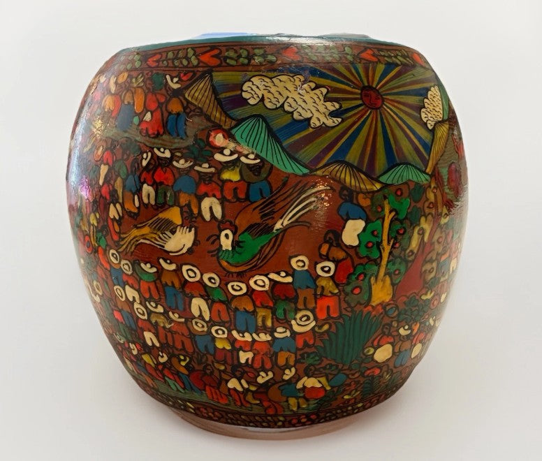 VTG Signed Mexico Folk Art Pottery Planter Story Circle of Life Sculpture Mural